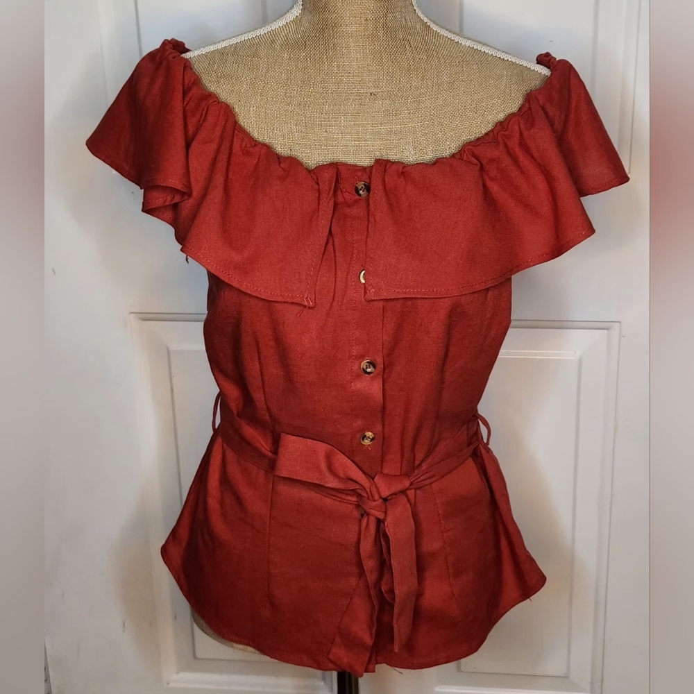 Roommates Ruffle Off The Shoulder Button Linen Blend Blouse - Rust Red Sz XL